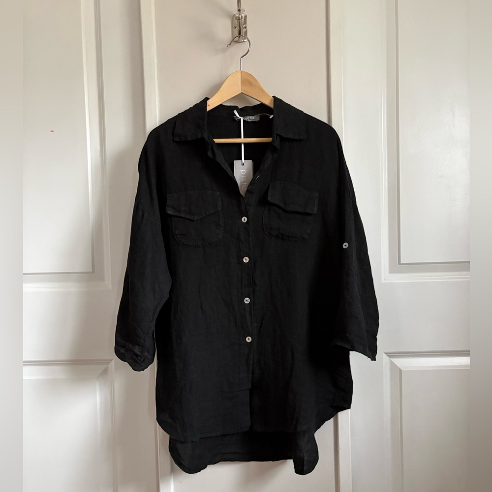 Pistache | 100% Linen Button-Up Shirt | Made in Italy | NWT | Size M | Black